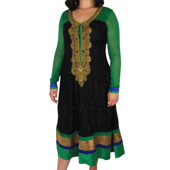 1990s Vintage Stunning Indian Sari Dress Black Emerald Green & Gold Small Saree - Picture 5 of 6